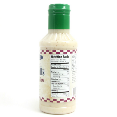 Baker's Candies 16oz Sandhills Sweet Onion Gluten Free Ranch Salad Dressing with Nutrition Facts Label.