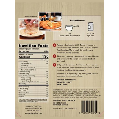 The back off a 2.5 lb. bag of Cooper's Best Breading Mix including nutrition facts, instructions, and ingredients on a white background.