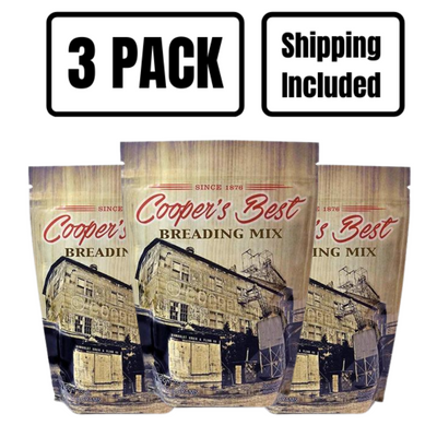 The front of three 2.5 lb. bags of Cooper's Best Breading Mix on a white background with 3 pack and shipping included text at top.
