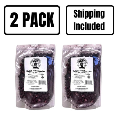 Two 1/2 lb. Bags of Organic Freeze-Dried Blueberries on a White Background