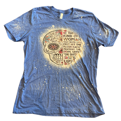 Bleach Dyed T-shirt | Skull Design | Be the Kind of Woman Quote | Blue