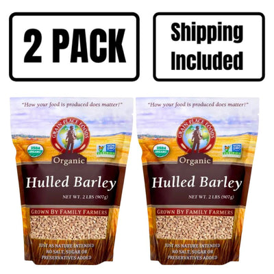 Two 2 Pound Bags Of Organic Hulled Barley On A White Background