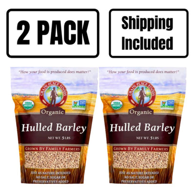 Two 5 Pound Bags Of Organic Hulled Barley On A White Background