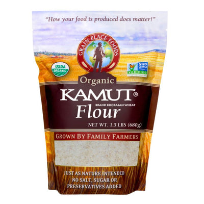  One 1.5 Pound Bag Of Organic Kamut Flour On A White Background