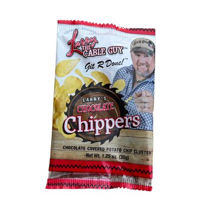 Baker's Candies Larry the Cable Guy Chocolate Chippers 1.25 oz package front view on white background.