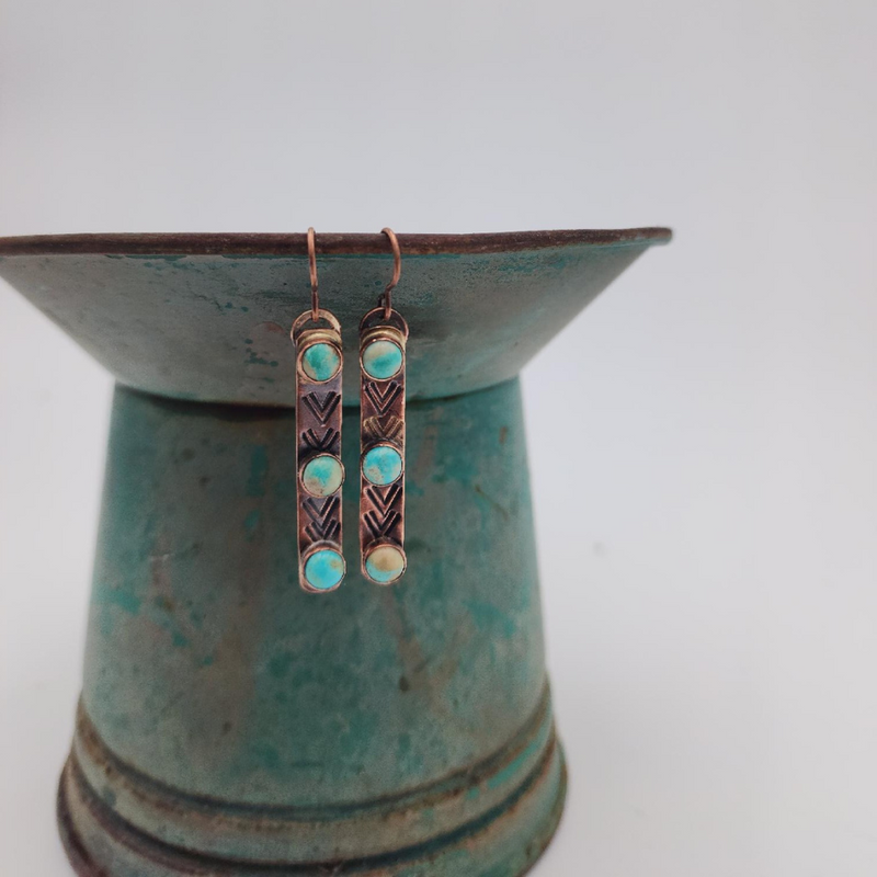 Turquoise & Copper Dangle Earrings | American Mined Turquoise Earring | Hand Crafted Genuine Copper | Boho Western Style Earring |2.5 Inches Long