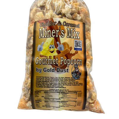 Miner's Mix Gourmet Popped Popcorn | Caramel and Cheese Popcorn Mix | 2 oz. bag | All Natural | Non-GMO | Made with Corn Oil | High Quality Ingredients | Light and Fluffy Popped Kernels | Sweet and Salty | Bursting with Flavor | Made in Nebraska