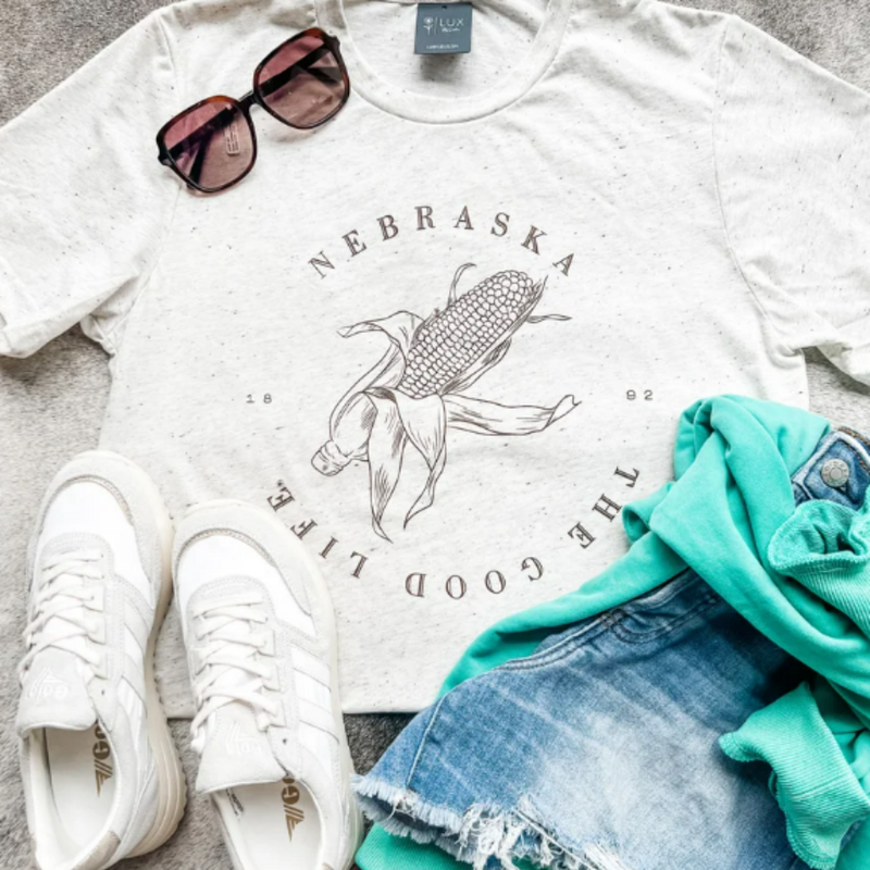 The Good Life T-shirt | Nebraska Corn T-shirt | Tan and Speckled | Unisex | Soft Blended Material | Multiple Sizes | Cute & Simple Style | Breathable