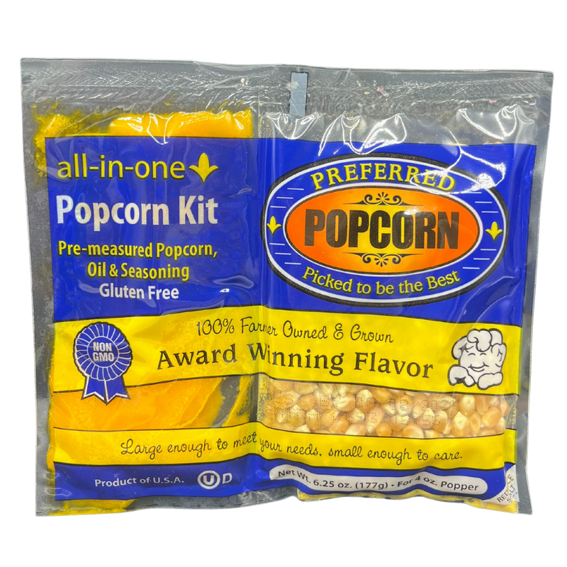 All-In-One-Popcorn Kit | Perfect Snack | Butter Salt & Popcorn Kernels | Movie Theatre Popcorn | Pre-Measured Oil & Butter Flavored Salt | Preferred Popcorn |  24 Pack | Shipping Included