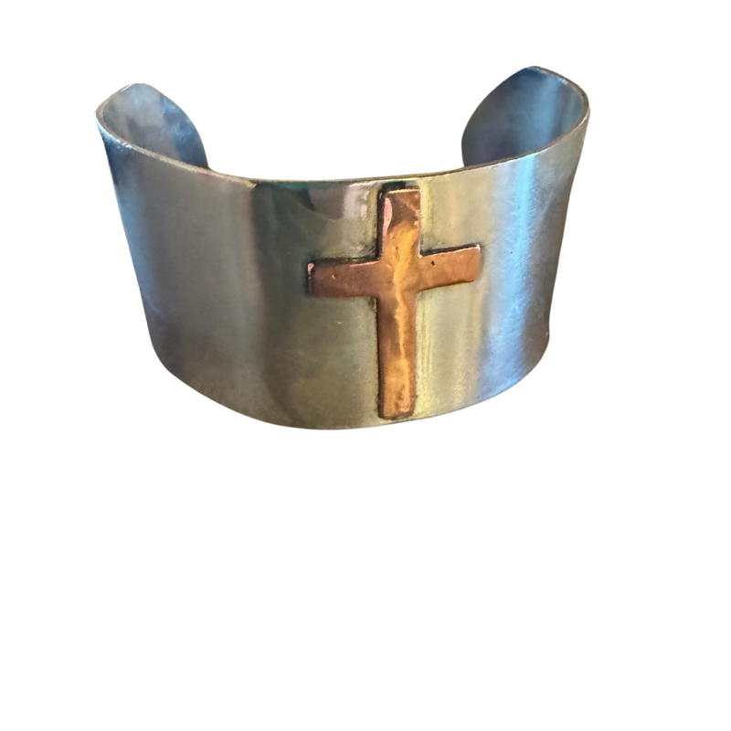 Cuff Cross Bracelet | Sterling Silver With Copper Cross embelishment | One Size Fits Most | Adjustable Bangle | 1.25" Wide