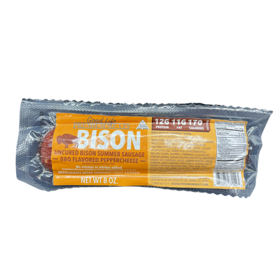 BBQ Peppercheese Summer Sausage | All Natural Bison Meat | High Protein Snack | No MSG | Ready To Eat | Charcuterie |  7-8 oz. Roll | Delicious BBQ & Peppercheese Flavor | Cooked To Tender Perfection | Enjoy Alone Or With Cheese & Crackers