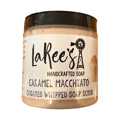 LaRee's Handcrafted Soap 4 oz Caramel Macchiato scented Sugared Whipped Soap Scrub on white background.
