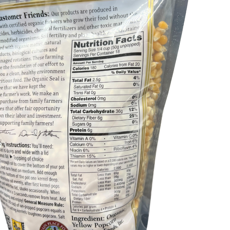 Nutrition Label For Organic Yellow Popcorn