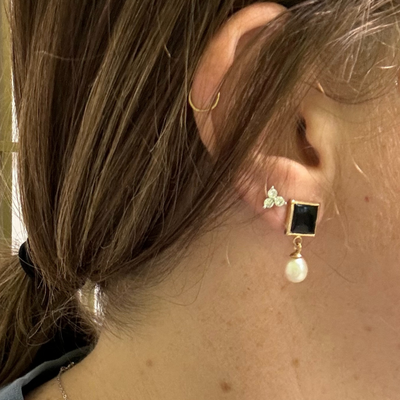 Black Onyx & Pearl Earrings | 14 Kt Gold | Gold Stud Earrings | June Birth Stone | July Birth Stone | Gift for Her | Hand Made Jewelry | Elegant Earrings for Any Occasion | .25"X.75"