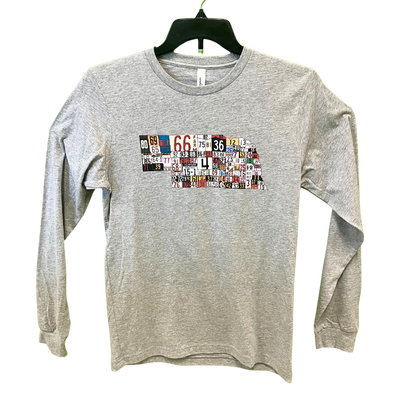 Nebraska License Plate | Long Sleeve Shirt | Unisex | Breathable, Soft Fabric | Light Gray | High Quality Screen Printing | Great Addition To Closet