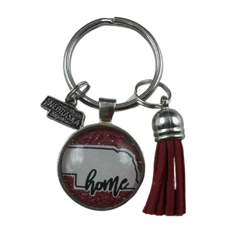 Keychain with Nebraska Charms | Red Sparkle | Home Design | 1 1/4" Split Key Ring | Glass Dome Key Chain | Handcrafted Dome Shaped Keychain | 1"X1"