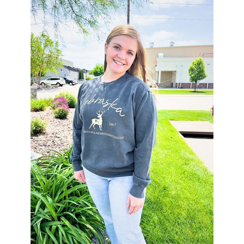 Nebraska Deer Sweatshirt | Where Ambition & Independence Reigns | Multiple Sizes | Gray | Easy To Style | Modern, Casual Look | Nebraska Pullover