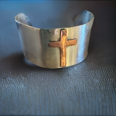 Cuff Cross Bracelet | Sterling Silver With Copper Cross embelishment | One Size Fits Most | Adjustable Bangle | 1.25" Wide