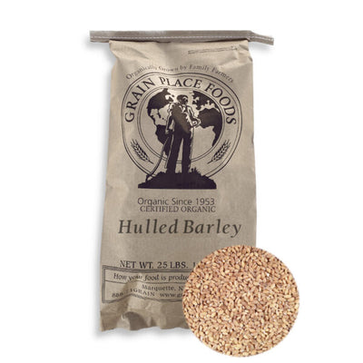 One 25 Pound Bag Of Hulled Barley On A White Background