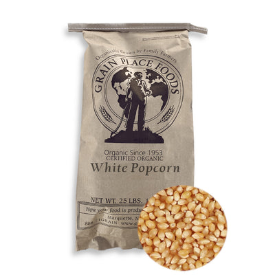 One 25 Pound Bag Of Organic White Popcorn On A White Background