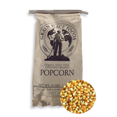 One 25 Pound Bag Of Organic Yellow Popcorn Kernels On A White Background