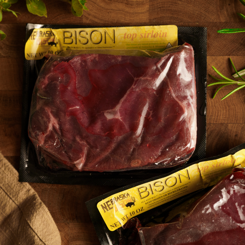 Top Sirloin | 4 - 10 oz. Bison Steaks | 100% All Natural Bison Meat | Slight Sweet Taste with Strong Bison Flavor | Little Marbling | Grill, Broil, Or Pan-Fry | Deliciously Tender | Expertly Butchered & Packaged | Makes For A Special Meal At Home