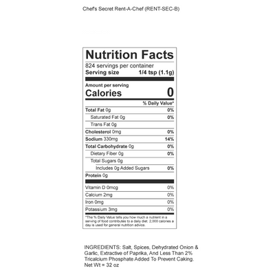 Nutrition Facts For Chef's Secret All Purpose Seasoning