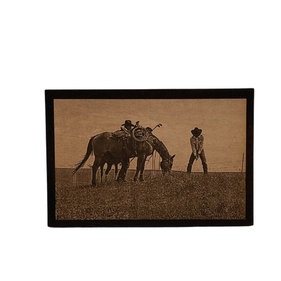Wood Printed Photograph Of Two Cowboys Golfing In A Field Alongside A Grazing Horse 