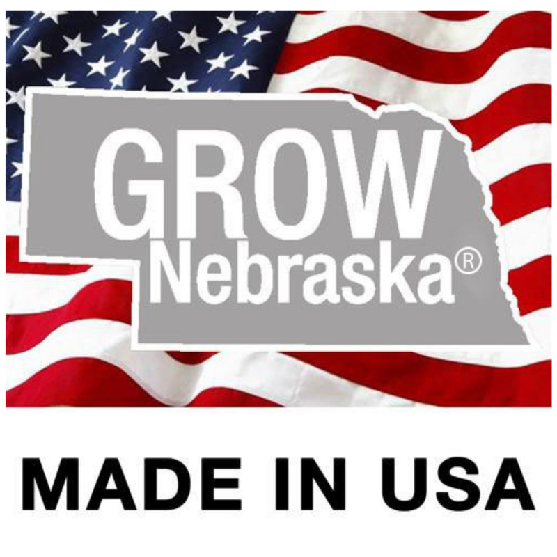 GROW Nebraska Made in USA Logo On An American Flag Background