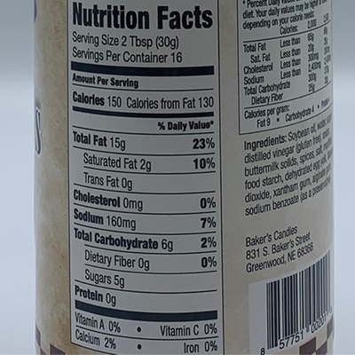 Nutrition Facts Label for Baker's Candies 16 oz Gluten Free Ranch Salad Dressing