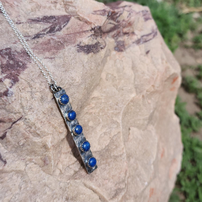 Hand Stamped Blue Lapis Pendant Necklace Sterling Silver on a Rock