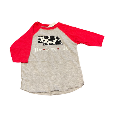 Nebraska Shape Cow Print Toddler Shirt | Red Heart The Good Life | Toddler Western Wear | 3/4 length sleeve | Multiple Sizes | NFD 333