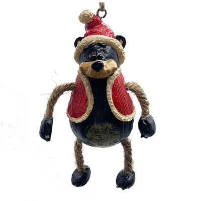 Bear ornament with jute-rope legs wearing Santa hat and red vest
