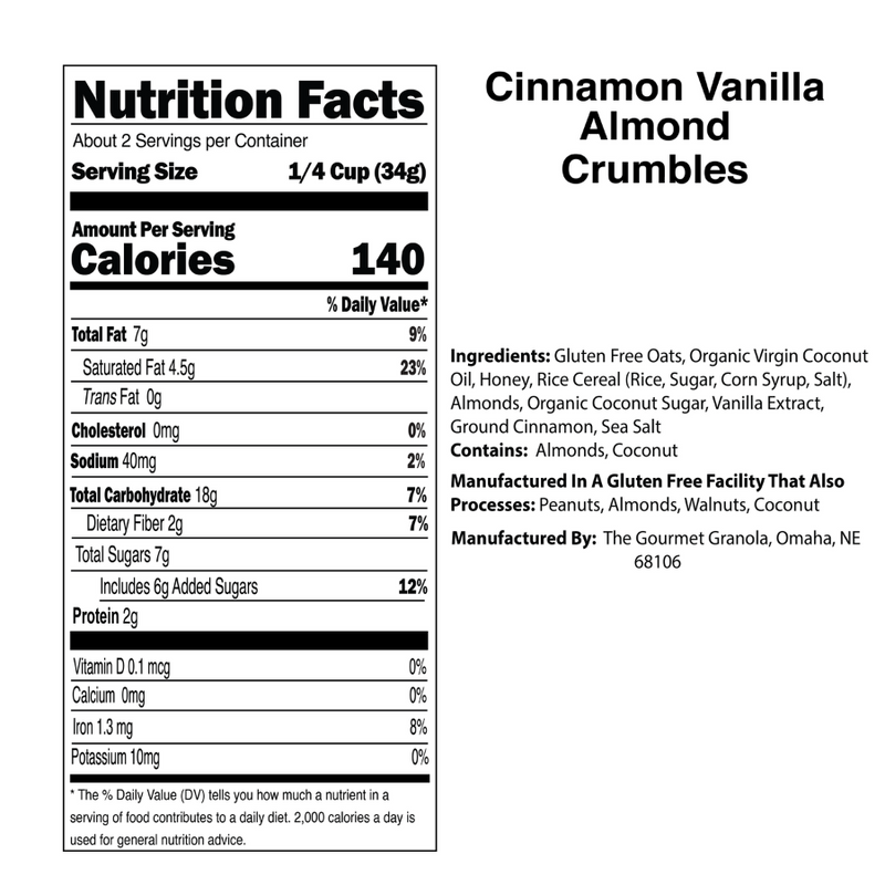 Cinnamon Vanilla Almond Crumbles | 2.4 oz. Bag | Gluten, Dairy, & Soy Free | Vegan | Perfect Addition To Add On Top Of Yogurt, Smoothie Bowls, or Crisps | Quick, Healthy Snack | Equivalent To Two Granola Bars | Nebraska Granola
