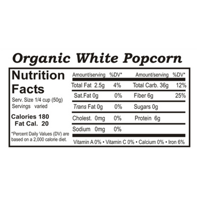 Nutrition Label For Organic White Popcorn