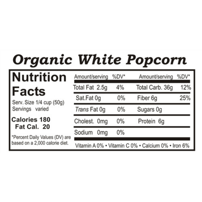Nutrition Label For Organic White Popcorn