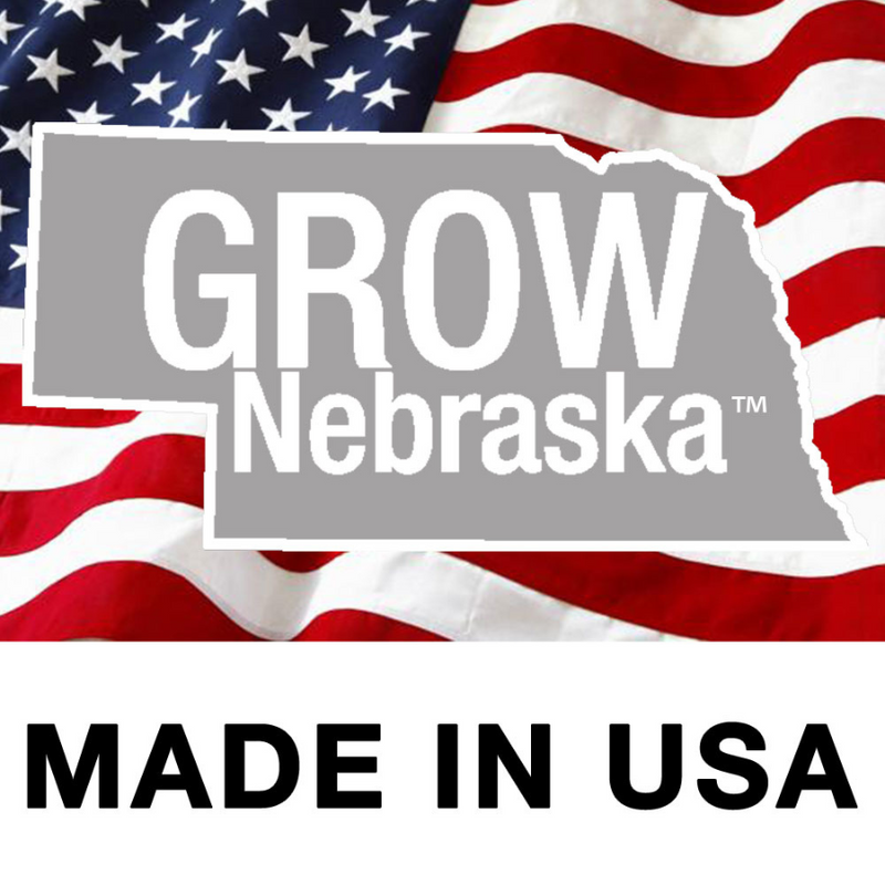 GROW Nebraska Logo with American Flag in Background and Made in the USA text on bottom.
