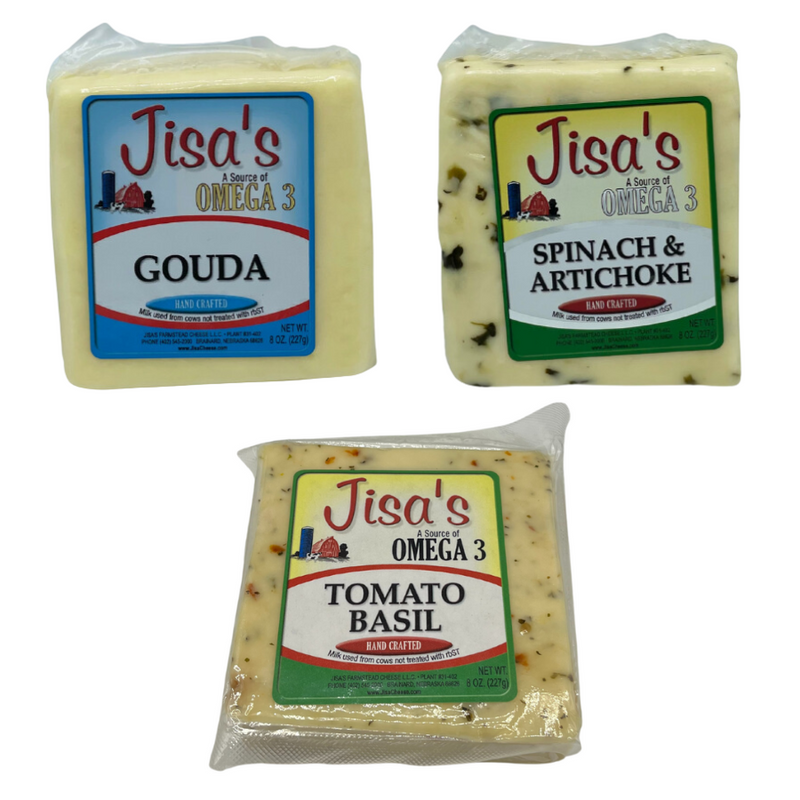 Best Nebraska Farmstead Cheese Block 3 Piece Sampler | Tomato Basil, Gouda, Spinach & Artichoke | Made in Small Batches | Hand-Cut and Carefully Aged