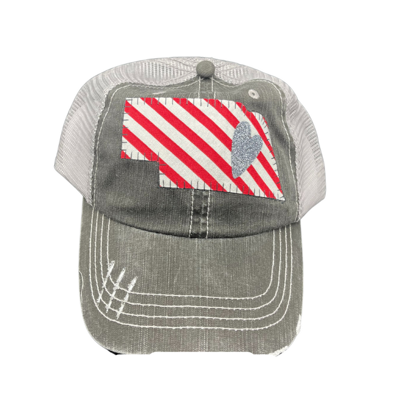 Nebraska Hat | Silver Heart With Red Stripes | One Size Fits Most | Perfect Hat For Any Occasion | Mesh Back With Velcro Closure | Cute Touch To Any Outfit