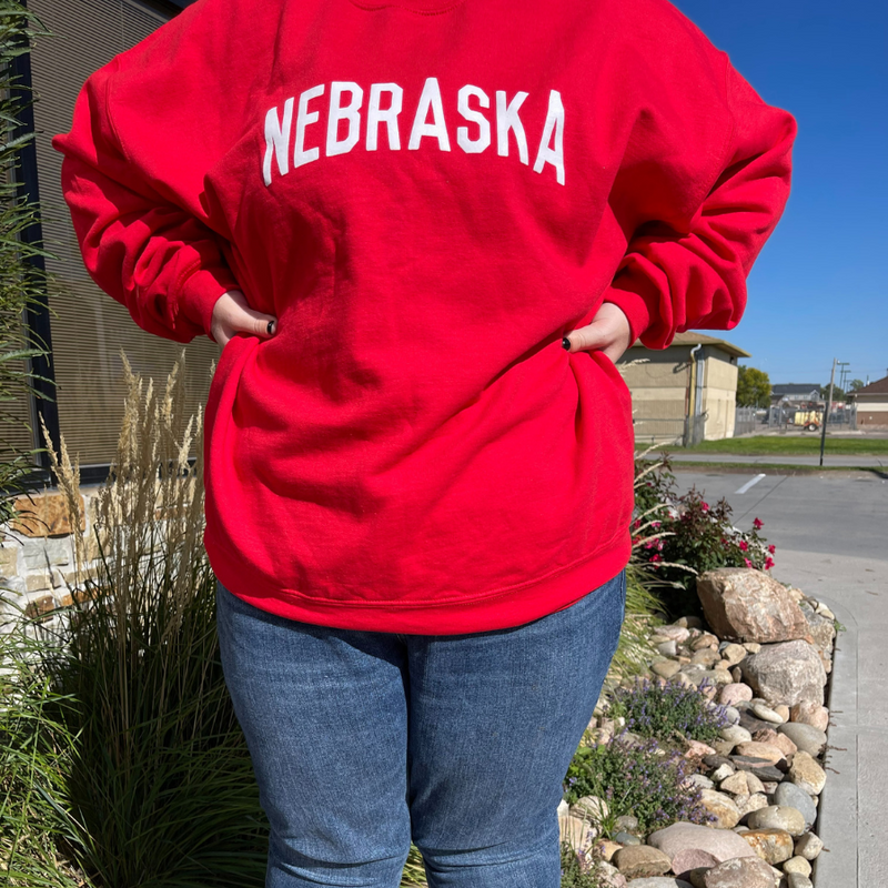 Nebraska Crew Neck | Red | Perfect For Games Or Parties | Comfy, Loose Fit | Soft Material | Show Off Your Nebraska Pride | Simple, Sporty Crewneck