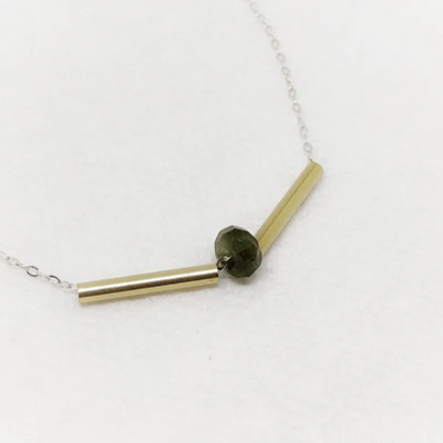 Gold Tubes Tsavorite Garnet Necklace | N510 | Earthy Splash of Color | Hangs In A V Shape | Made On Sterling Silver Chain | Made with High Quality Material | Polishing Pad Included | Compliments Every Outfit | Nebraska-Made