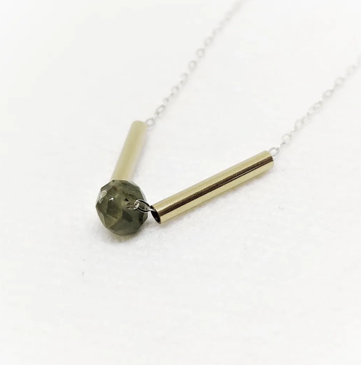 Gold Tubes Tsavorite Garnet Necklace | N510 | Earthy Splash of Color | Hangs In A V Shape | Made On Sterling Silver Chain | Made with High Quality Material | Polishing Pad Included | Compliments Every Outfit | Nebraska-Made