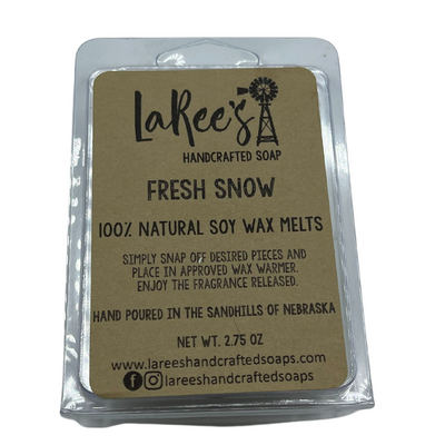 LaRee's handcrafted soap 2.75 oz Fresh Snow scented 100% Natural Soy Wax Melts on white background.