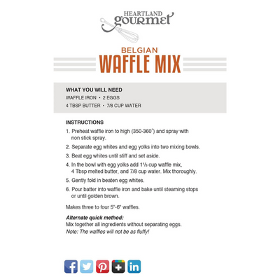 Back angle of Heartland Gourmet's Belgian Waffle Mix with ingredients and instructions listed.