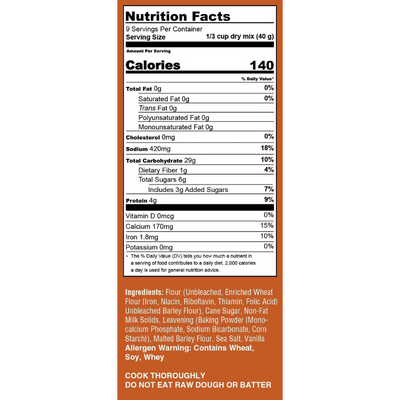 Side angle of Heartland Gourmet's Belgian Waffle Mix with Nutrition Faces and Mixes Ingredients listed.