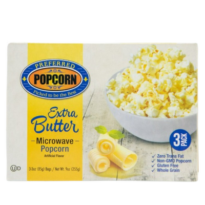 Extra Butter Flavored Microwave Popcorn | Savory Snack | Good Source of Fiber | No Mess Theater Quality Popcorn  | Preferred Popcorn | 3 oz. Bag | Box of 3