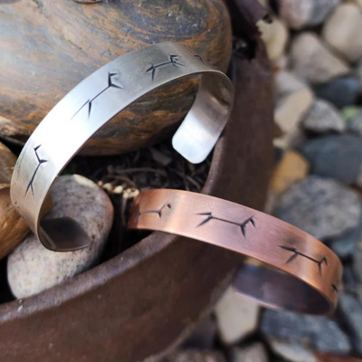 Stick Figure Cow Pony Stamped Bracelets Copper & Silver In Pot with Rocks