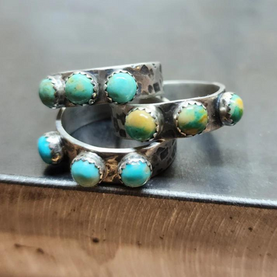 3 Rings stacked on each other. 3 Stone Turquoise Ring Hand stamped  & Formed with Silver Band