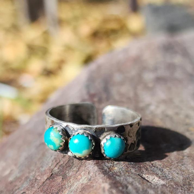 3 Stone Turquoise Ring Hand stamped  & Formed with Silver Band on outside Wood Piece