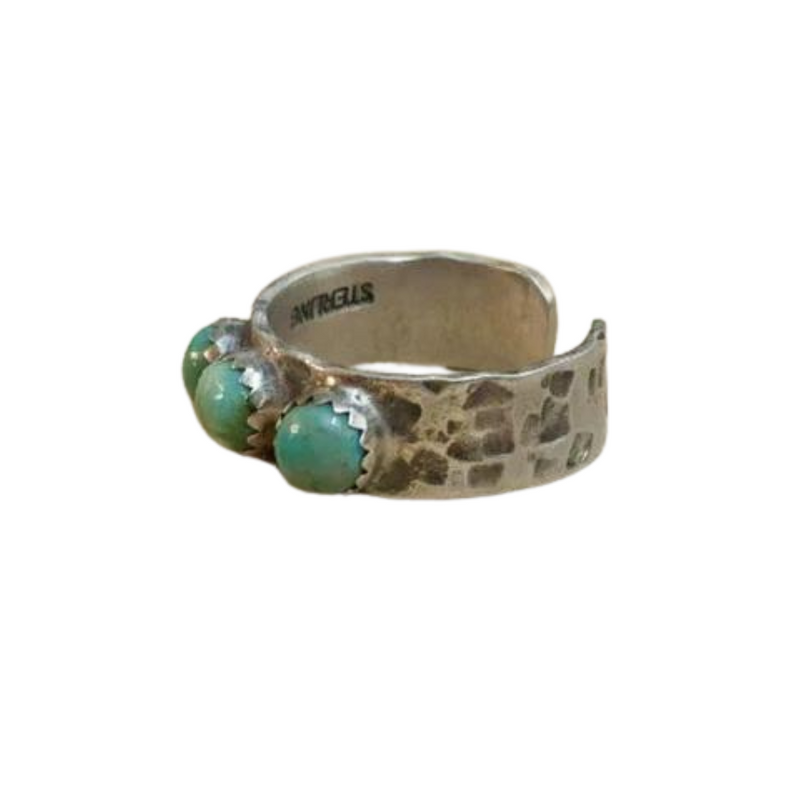 3 Stone Turquoise Ring Hand stamped  & Formed with Silver Band